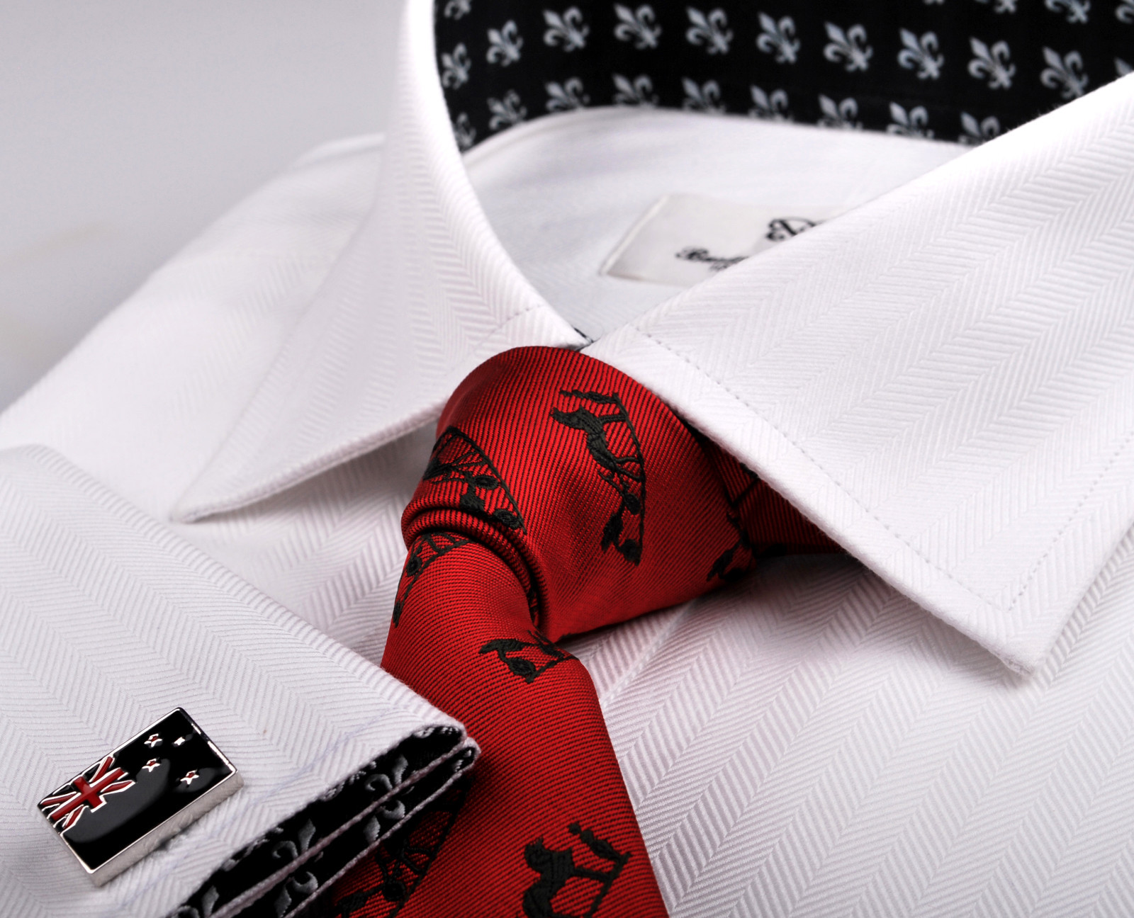White Herringbone Twill Formal Business Dress Shirt Fleur-De-Lis Italian GQ Boss