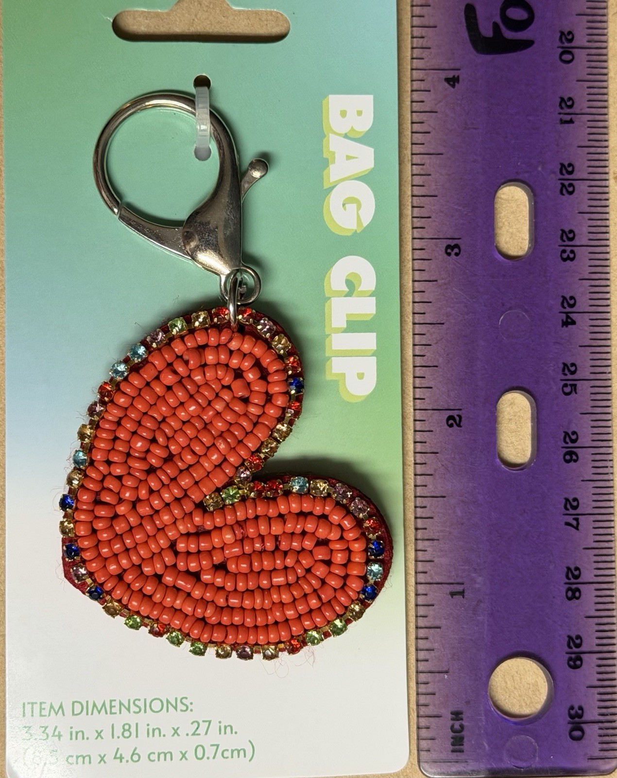 Beaded Heart W/Beaded Rhinestones Bag Clip Keychain