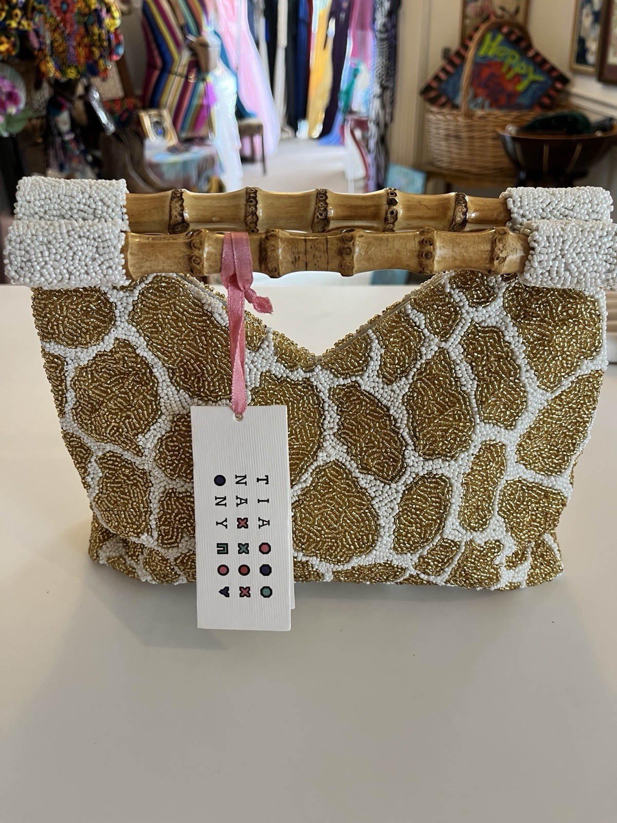 Tania New York Hand Beaded Giraffe Print Bamboo Handle Clutch 10x2x8 NWT