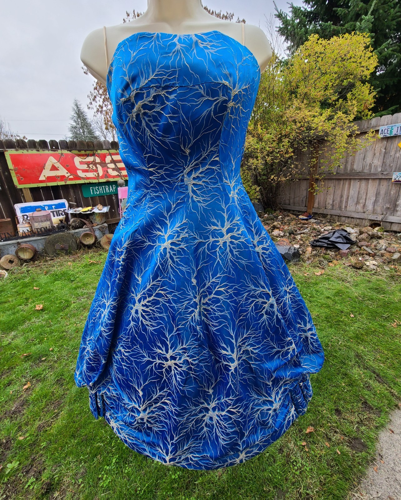 Rare VTG 50s FRANK USHER Blue Metallic Lightning/Branch/Neuron Jacquard Dress