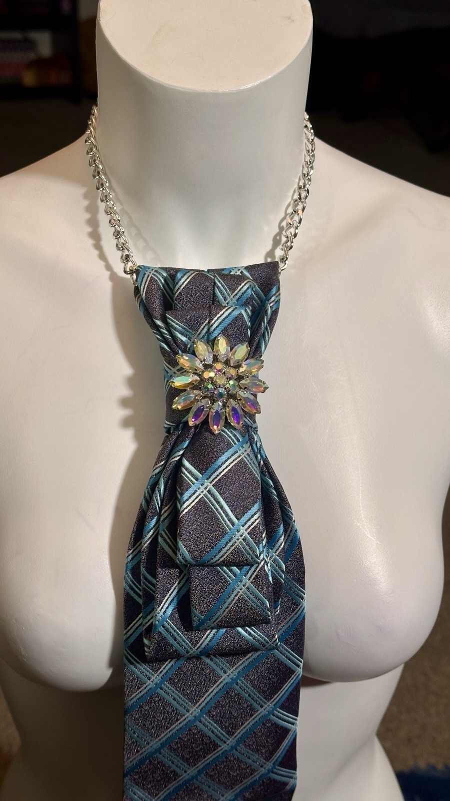 Women’s Blue & Gray Plaid Designer Neck Tie Necklace with Rhinestone Pendant