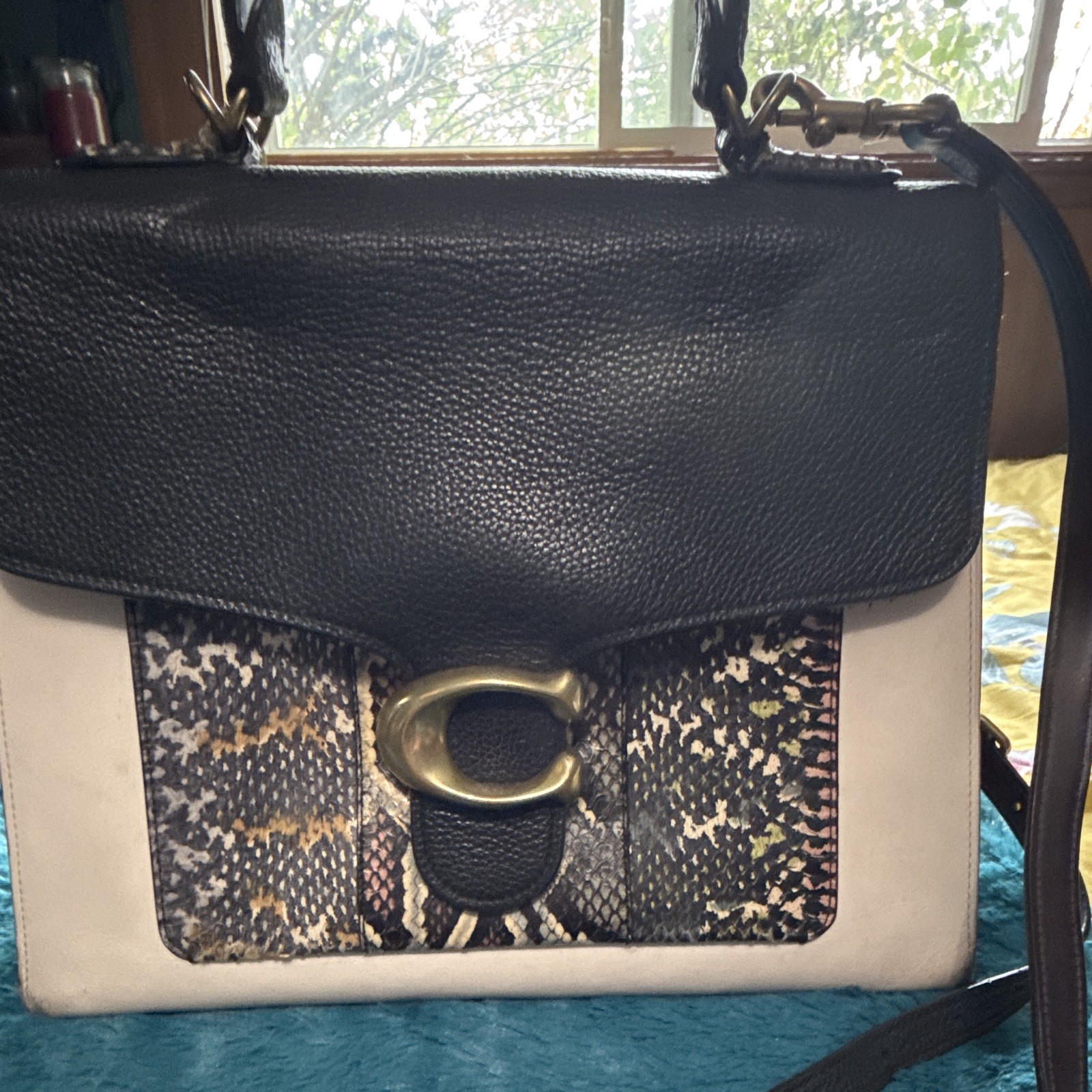 Coach Black Beige Snakeskin Medium Satchel Top Handle Turn Lock Zip Gold