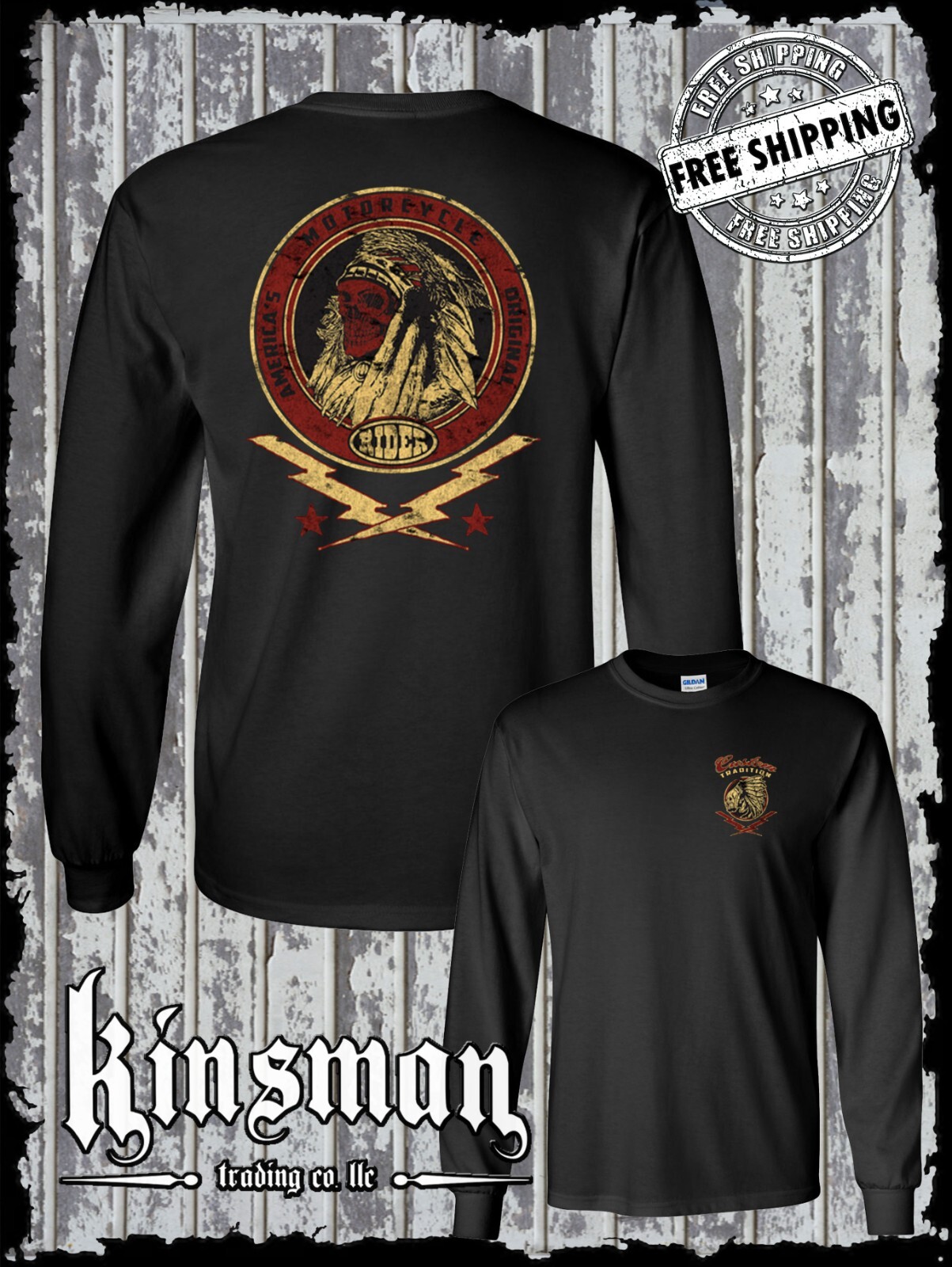 Custom Tradition Motorcycle Biker 2-Sided Long Sleeve T-Shirt Indian Skull