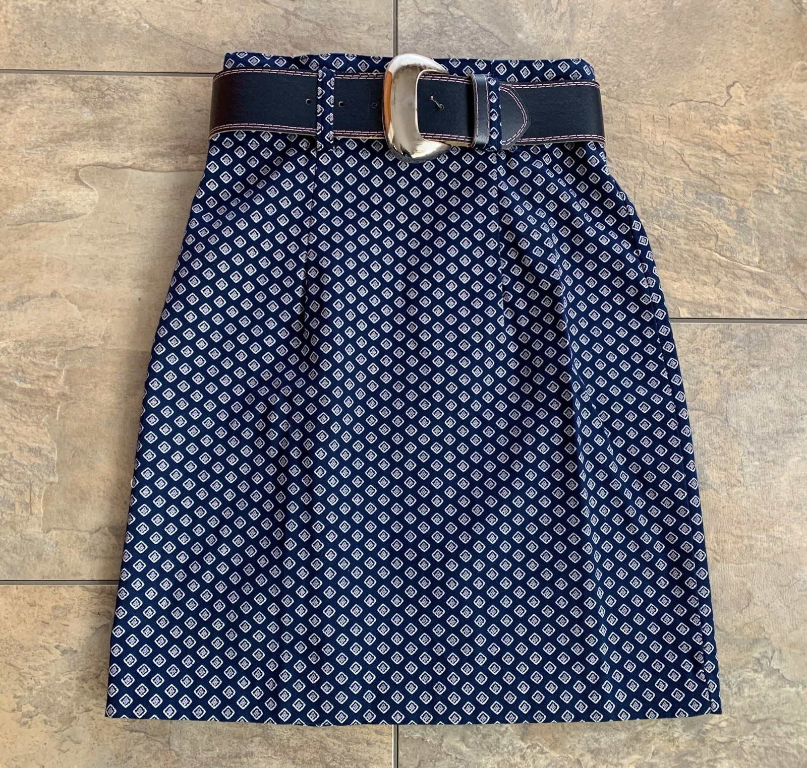 Vintage A Buyer California Sz 3 Geometric Belted A-line Navy Blue Skirt Made USA