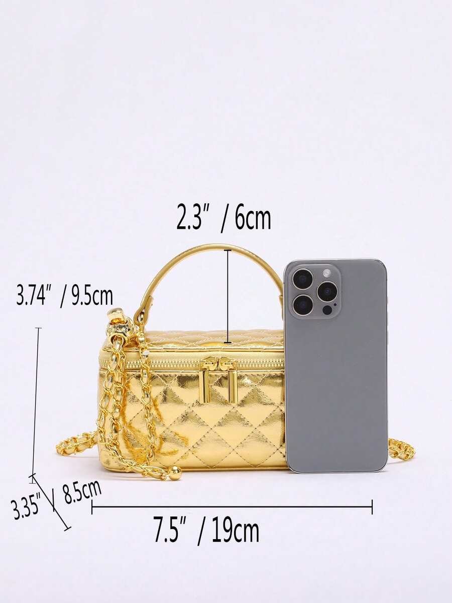 Fashionable Quilted Box Bag Plain Mini Crossbody Chain Strap Zipper Purse