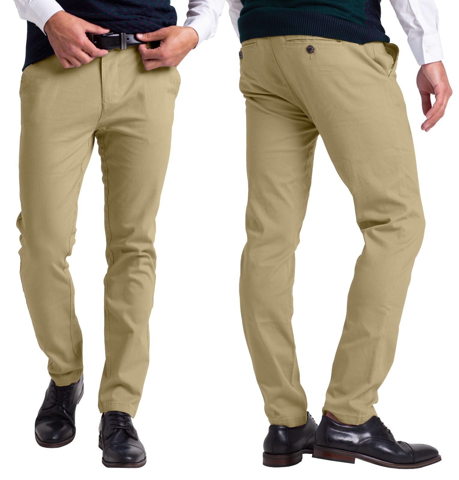 Mens Chino Slim Fit Workwear Casual Comfort Stretch Cotton Flat Front Full Pants
