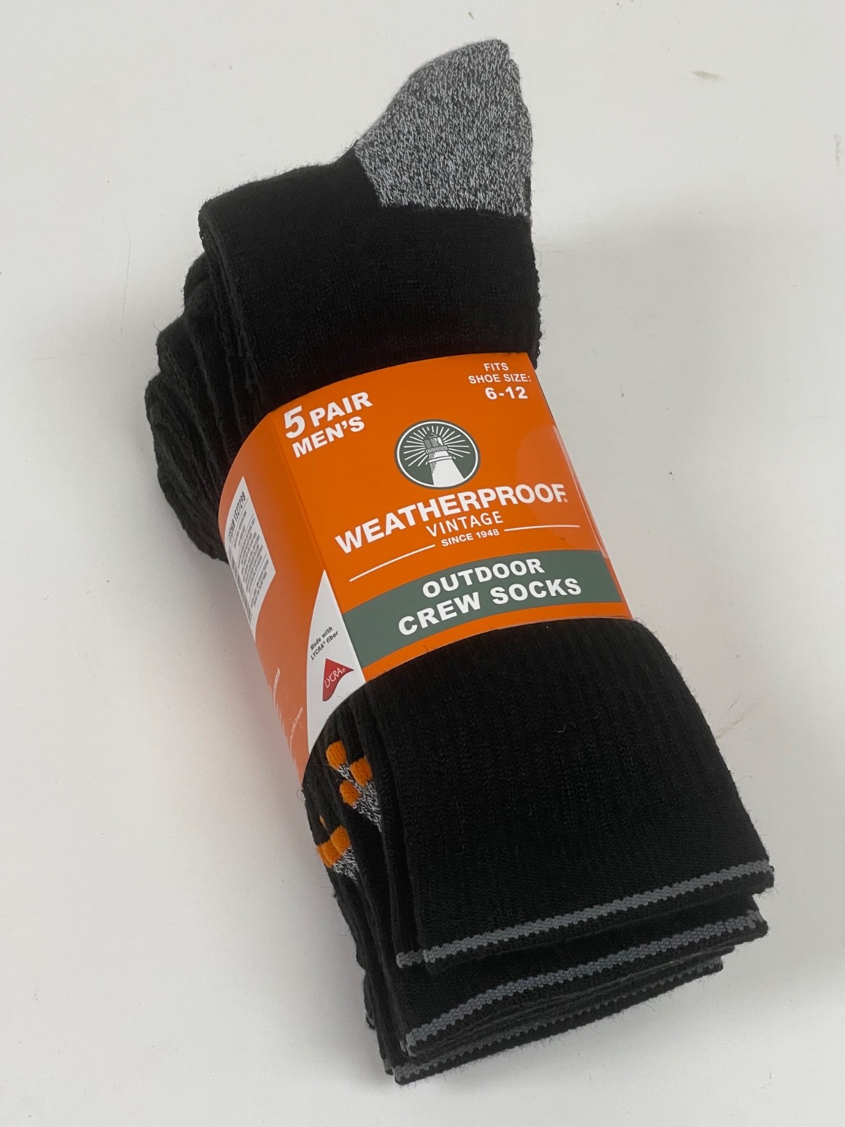 5 Pairs BLACK Weatherproof Vintage Men’s Outdoor Crew Socks Shoe Size 6-12