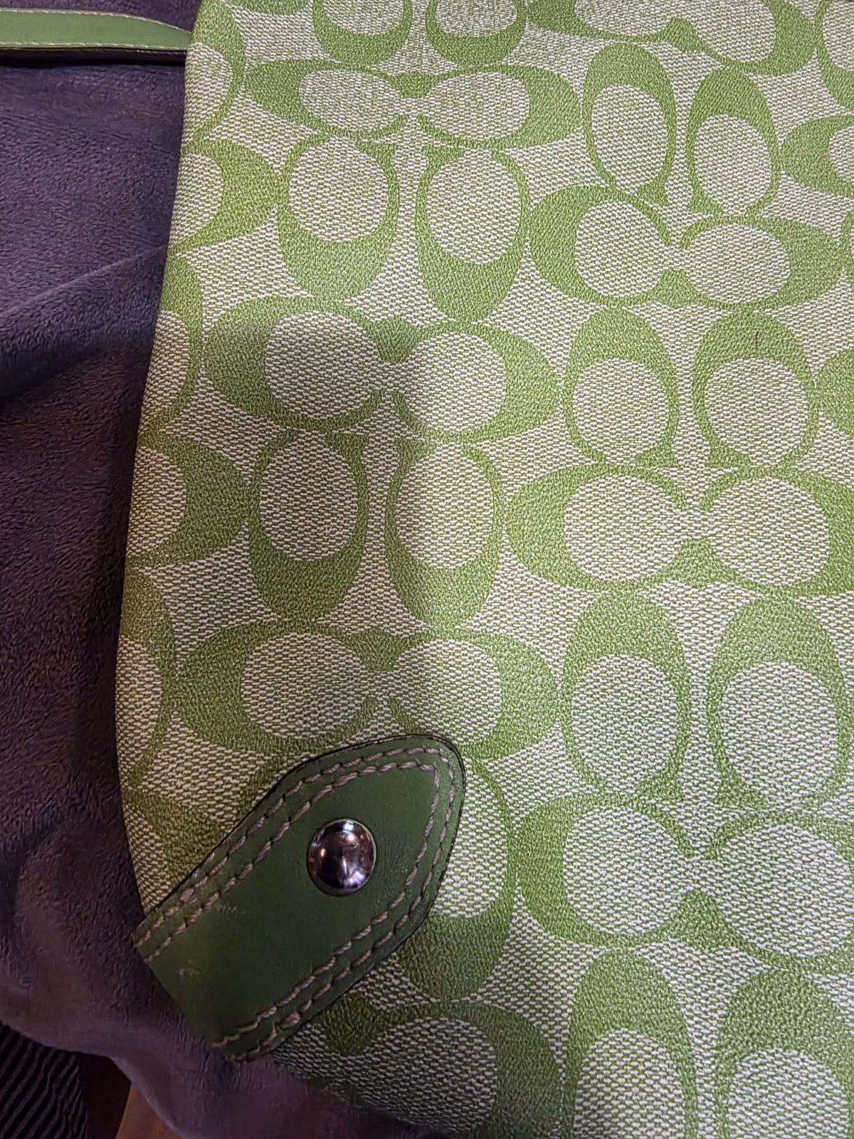 Vintage Coach Heritage Stripe hobo bag in a lime green & white signature canvas