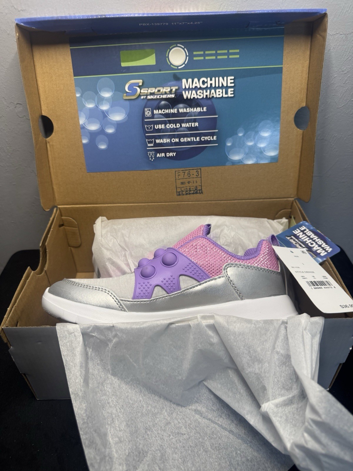 S Sport by Skechers Silver Purple Slip-On Machine Washable Girls Sneakers Size 1