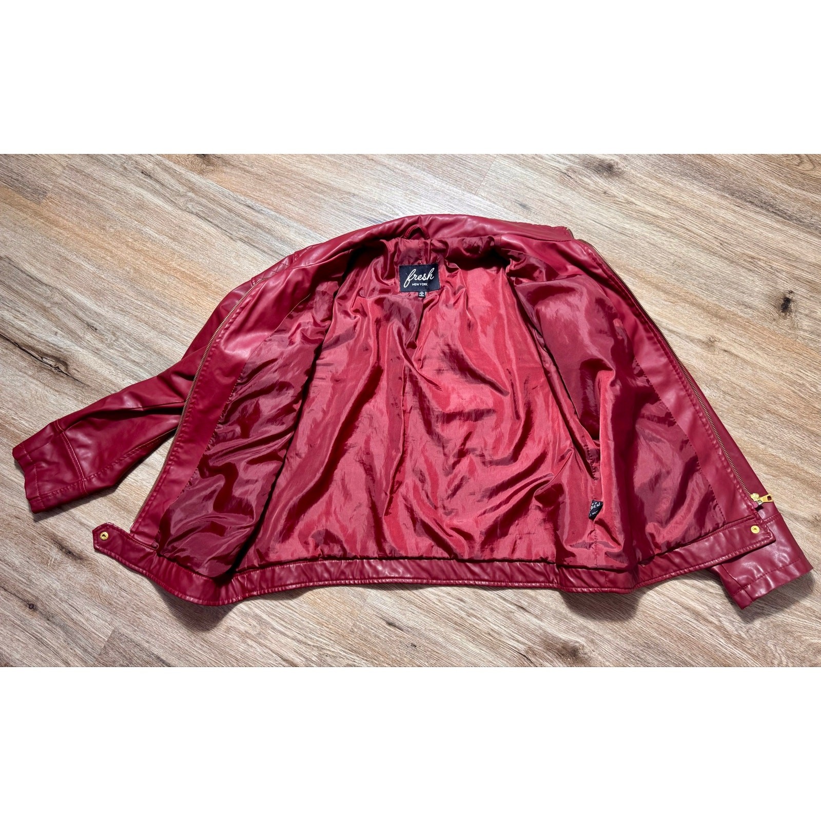 Fresh New York Red Faux Leather Moto Jacket Womens XL Quilted Biker Gold Zip