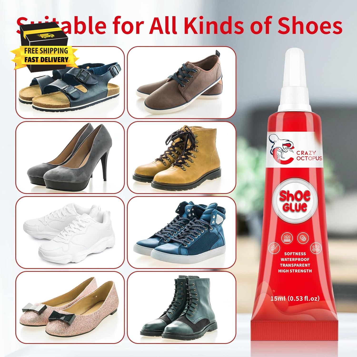 Shoe Glue, Strong, Clear Shoe Repair Glue for Sneakers, Boots, Handbags, Soles,