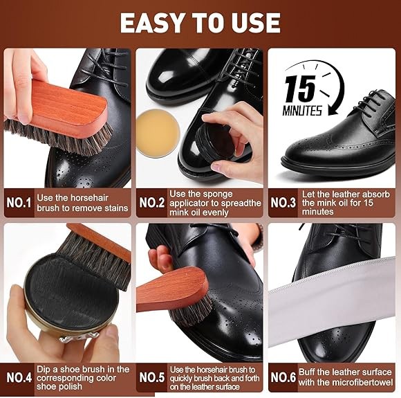Leather Shoe Shine Kit 15pcs TUXIYA Travel Polish Kit Brown Black