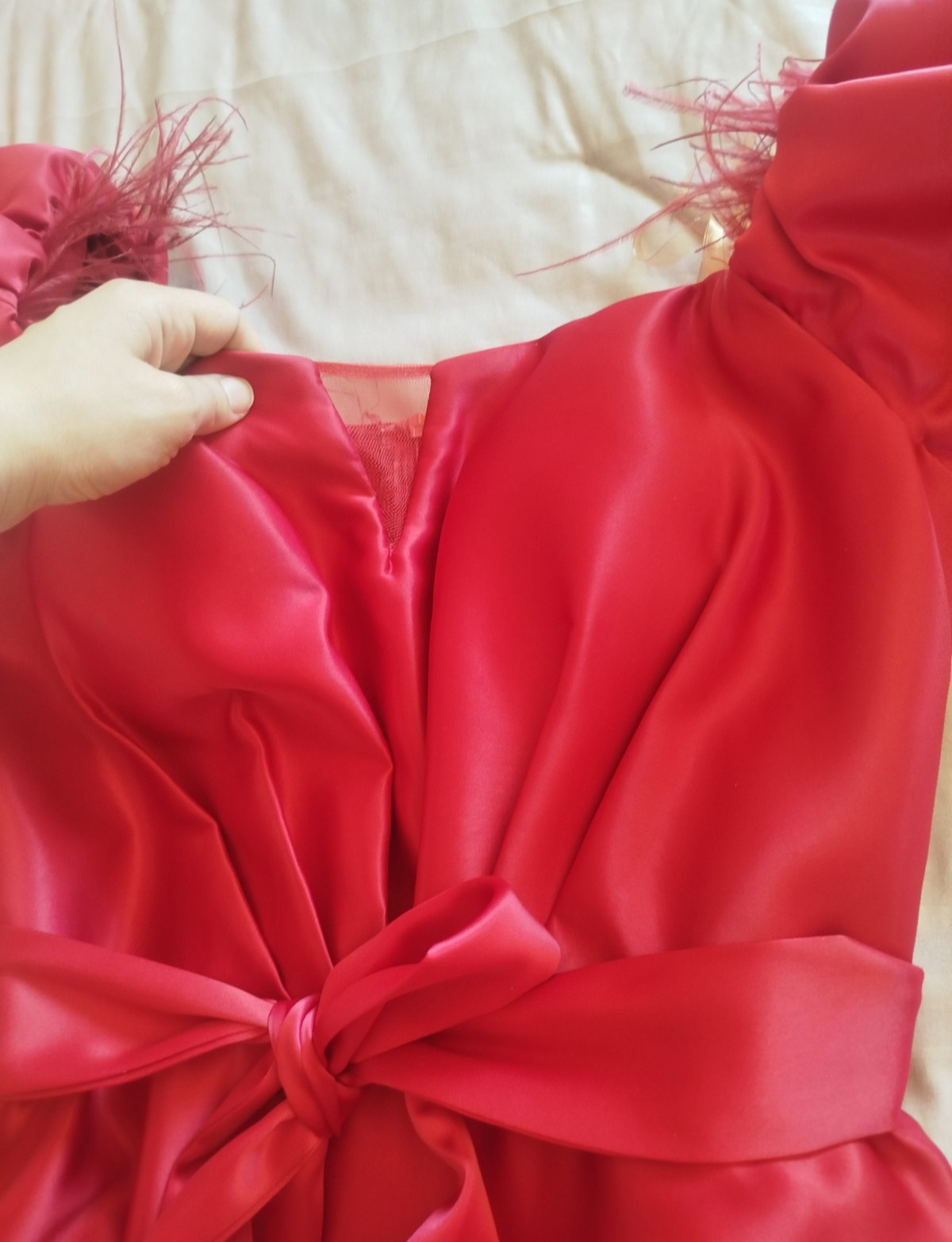 Elegant Red Satin Evening Dress Balloon Puff Sleeve Maxi Party Gown Gently Used