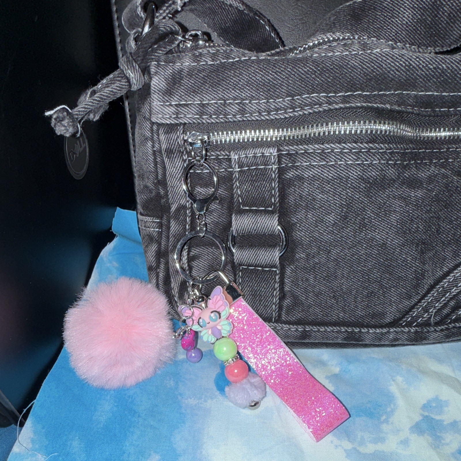 Pink Glitter Wristlet Strap Key Chain/Bag Charm w/Butterfly Beads & Pom Pom