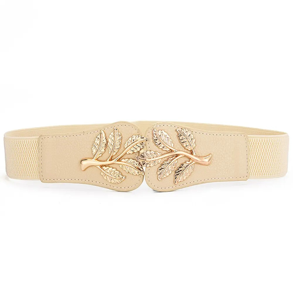 Gold Leaf Elastic Waist Belt for Women Wide Fashion Buckle Dress Skirt Us