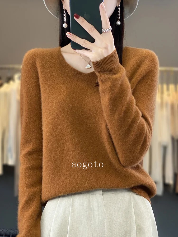Women’s V-neck Pullover Sweater Knitwear Soft Warm Cashmere Loose Grace Style