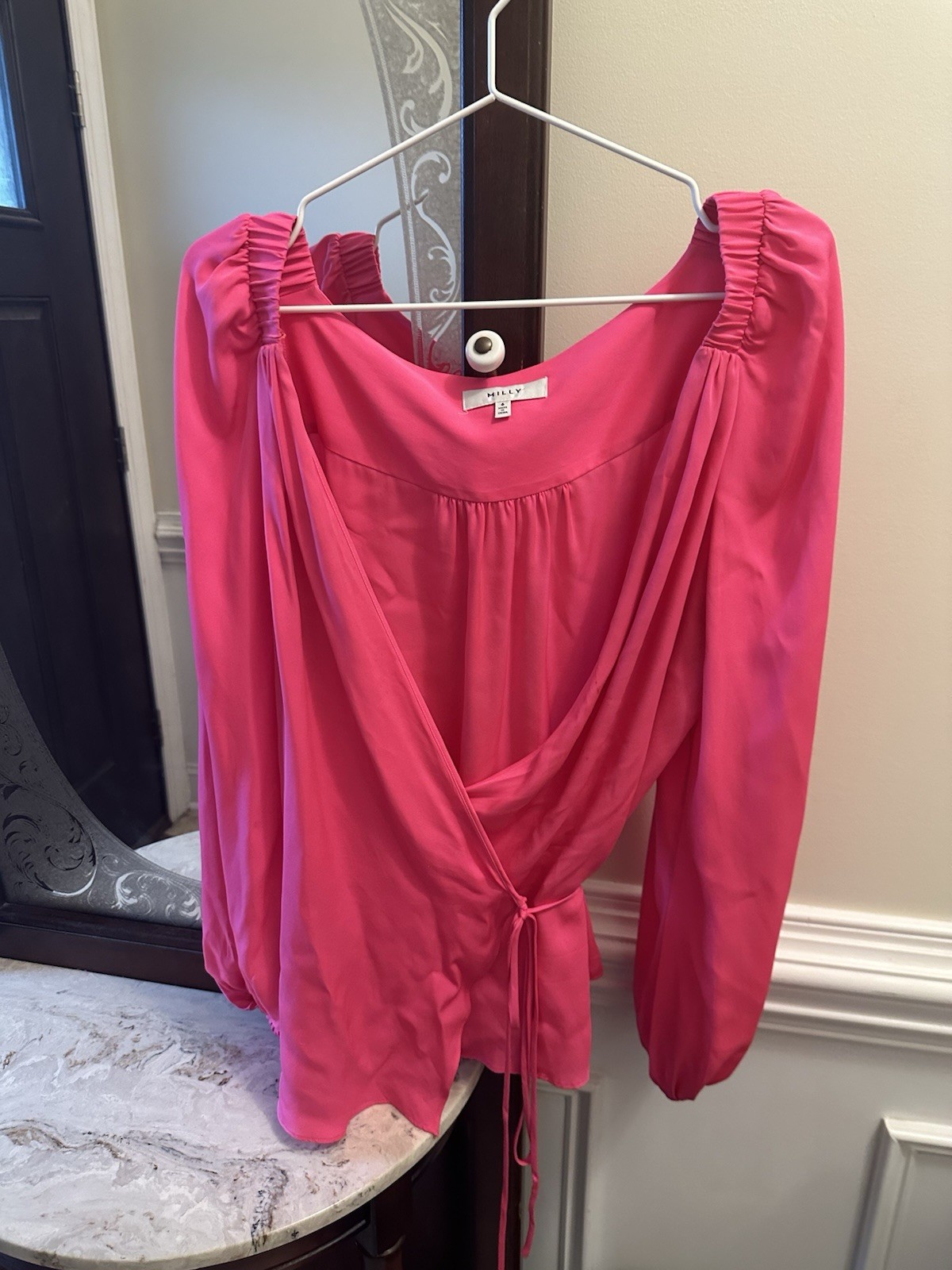 Milly Pink Satin Silk Blend V-Neck Tie Front Long Sleeve Blouse Size 6