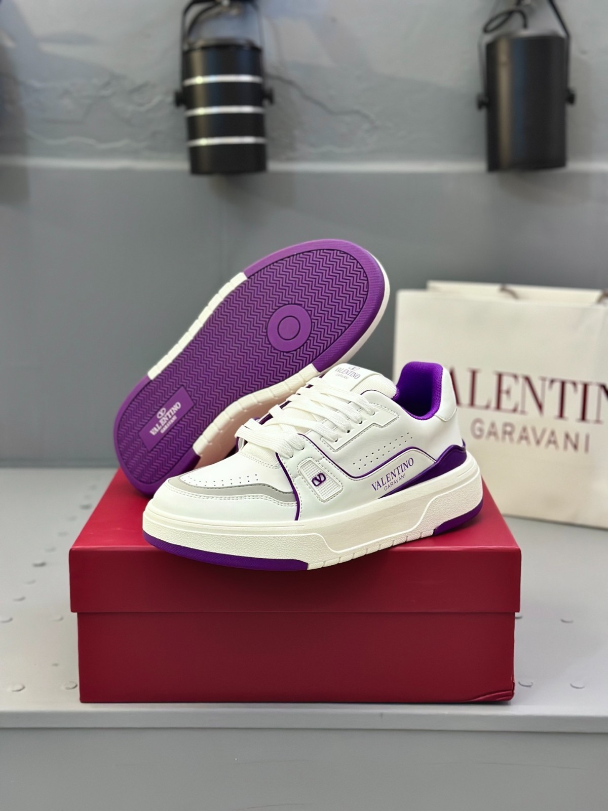 Valentino Platform Sneakers Calfskin Leather Casual Shoes Purple White New