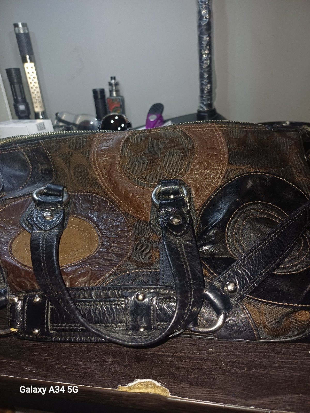 Coach Logo Satchel Top Handle Bag Brown/Black Zip, Detachable Strap Silver HW