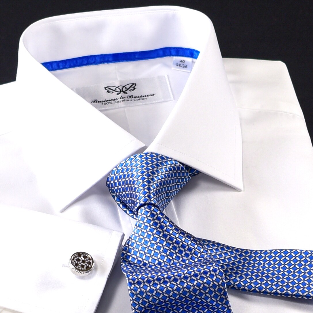 White Poplin 2-Ply 80’s Professional Formal Event Dress Shirt With Blue Trim Top