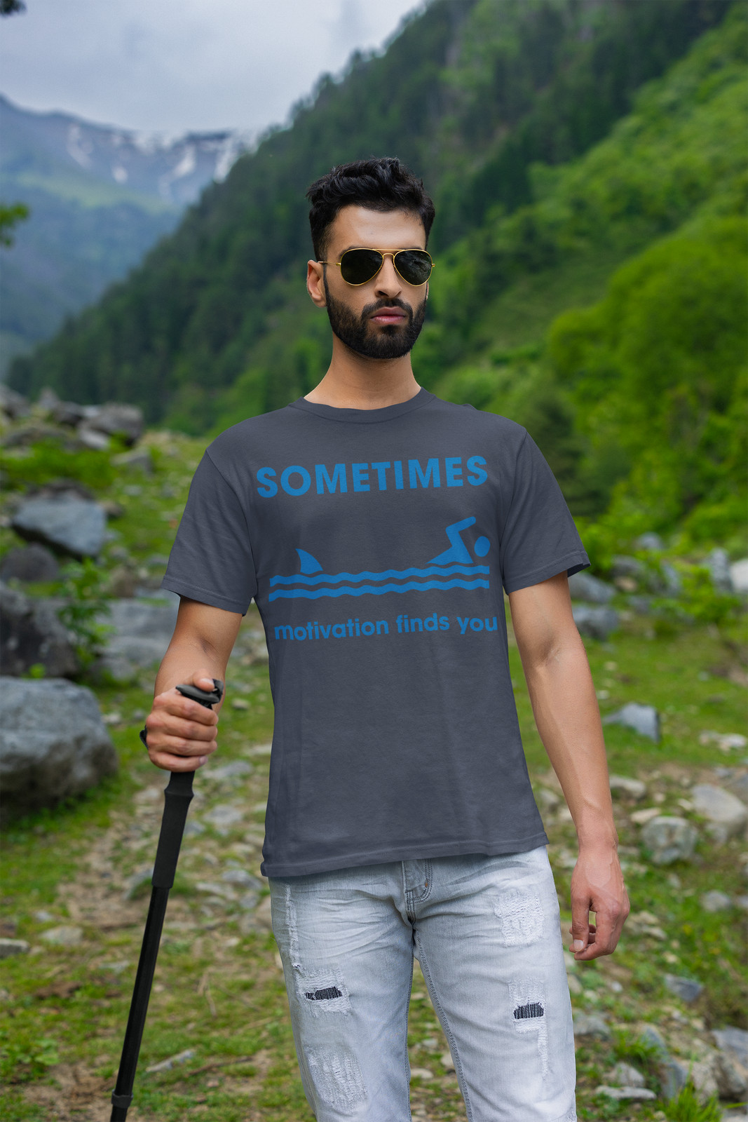 Mens Sometimes Motivation Finds You Tshirt Funny Shark Tee