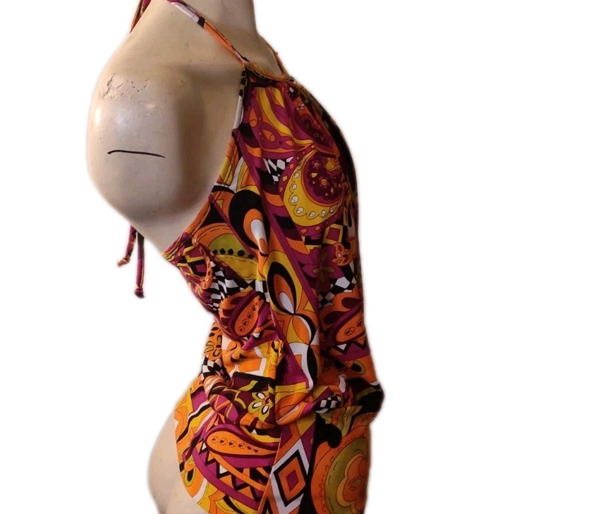 Vintage A buyer Halter Top Size Sm USA Psychedelic Floral Paisley Boho Hippie