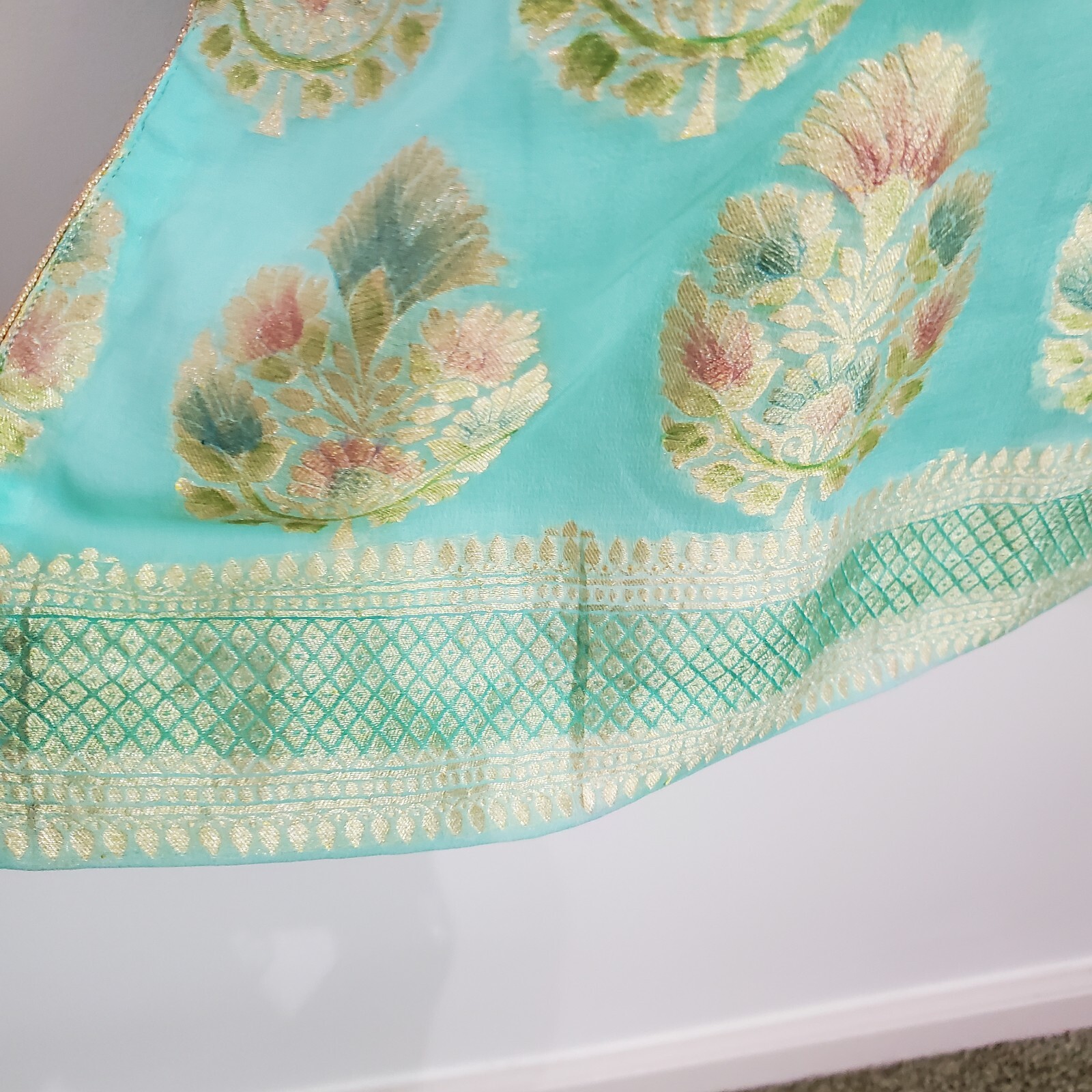 Handmade Kurta Tunic Style Mint Green Ethnic Boho Art LagenlookGold Trim