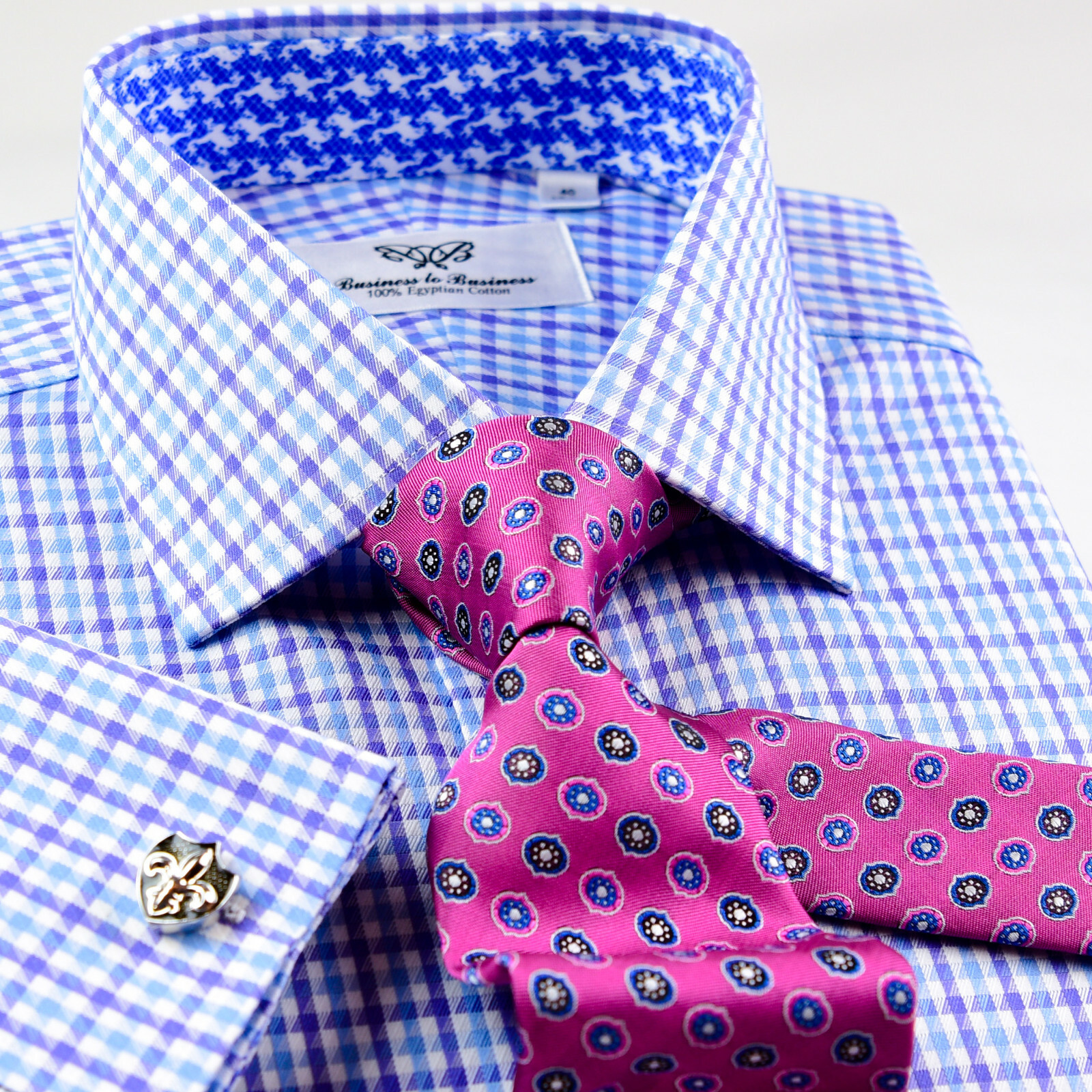 Blue Check Business Dress Shirt Gingham Check Designer Formal Top Fashion Style