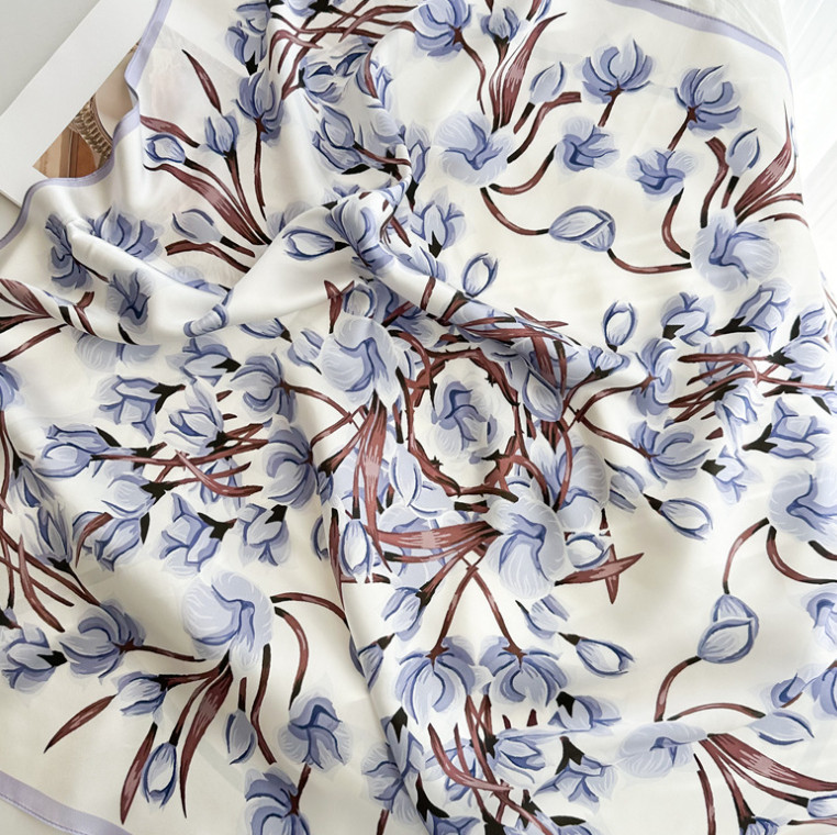 100% Silk Mulberry 35” Scarf For Women Neckerchief Wrap Flower branches Print