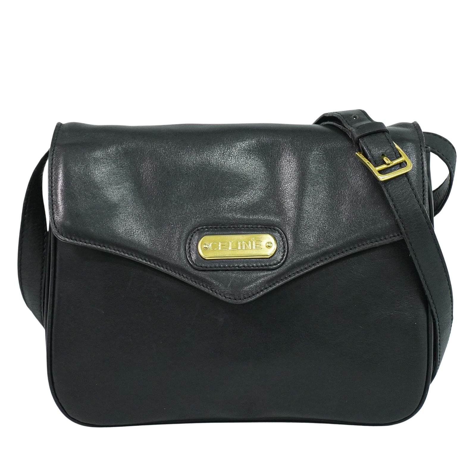CELINE Leather Shoulder Crossbody Bag Black Gold