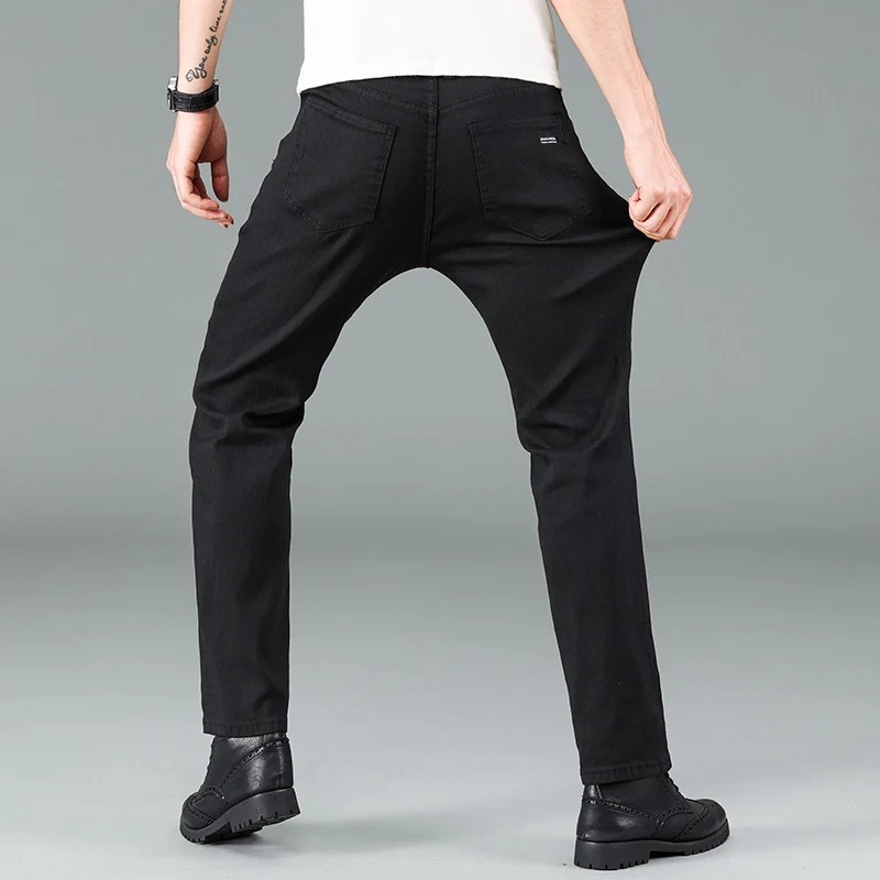 Men’s Black Straight Leg Jeans Casual Stretch Mid Waist Classic Cotton Pants