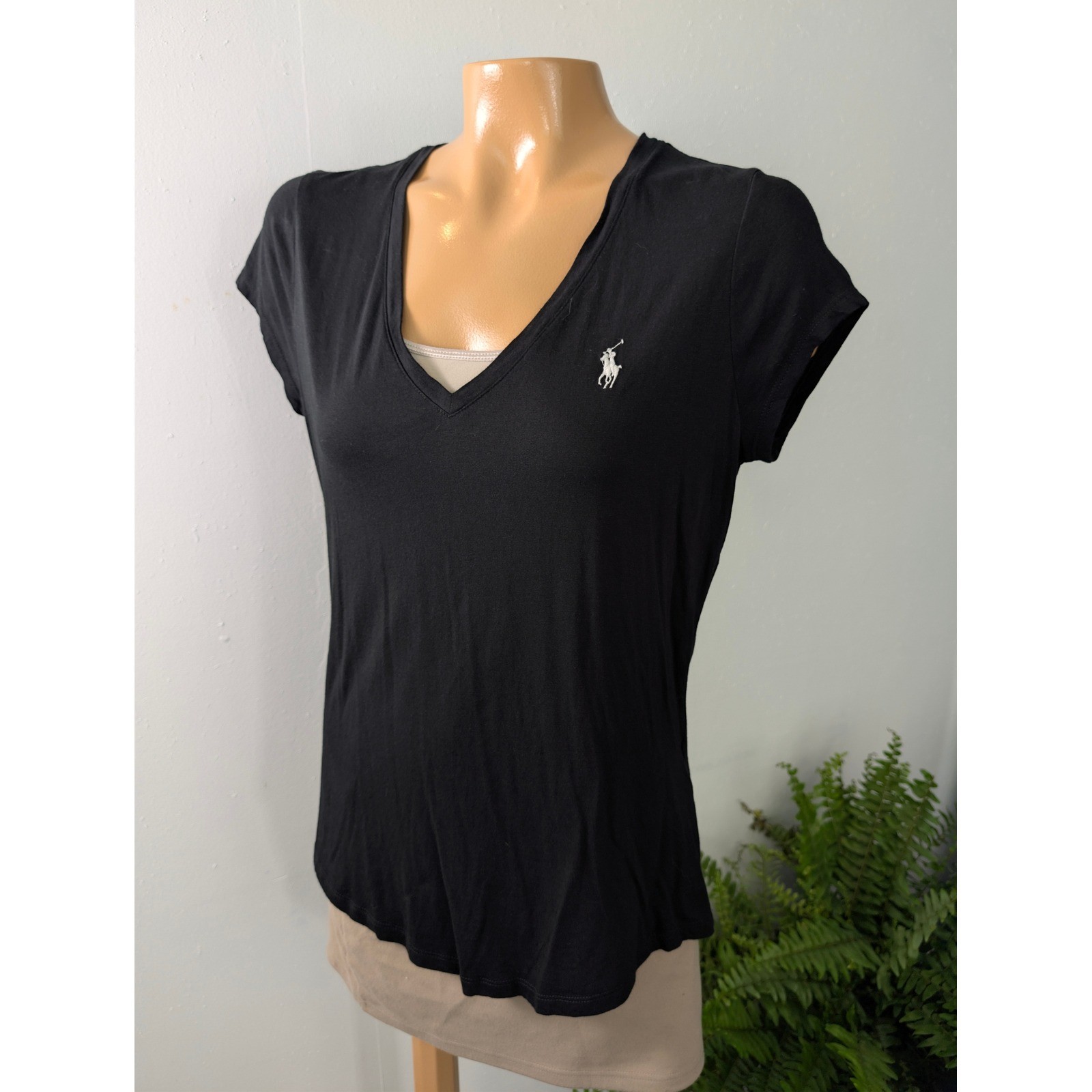 Polo Ralph Lauren T-Shirt Women Medium Black V-Neck Cotton Blend Logo Capsule