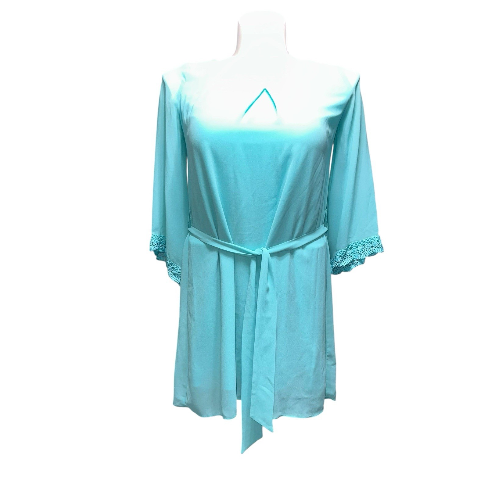 A. Buyer Women’s Medium Blue Long Sleeve Short Dress Round Neck Belted