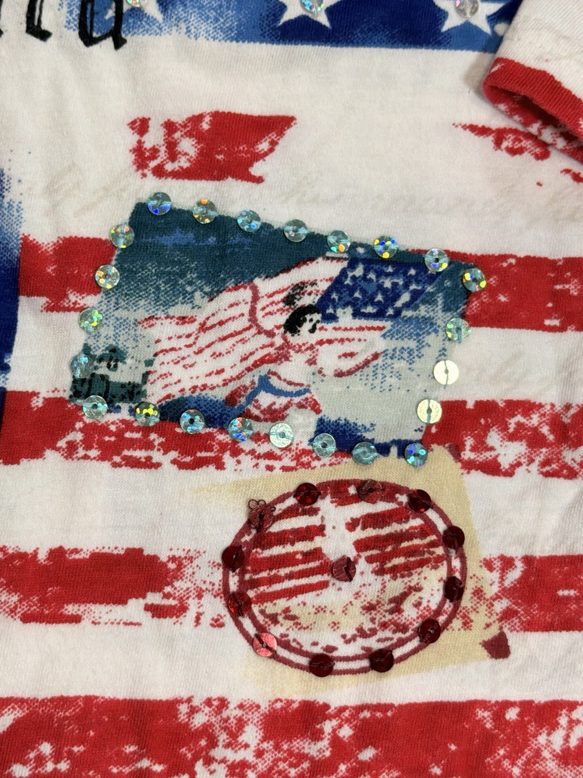 Collections Etc American Flag Knit T-Shirt White Red Blue Rhinestone Raglan – M