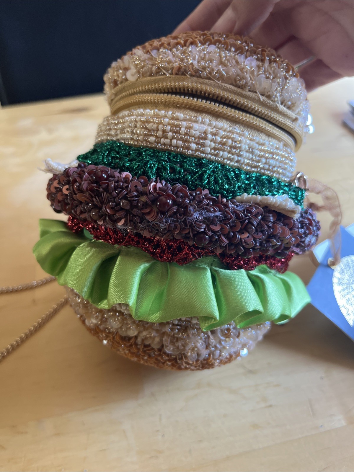 Handmade Beaded Burger Novelty Crossbody Purse Gold Chain NWT India