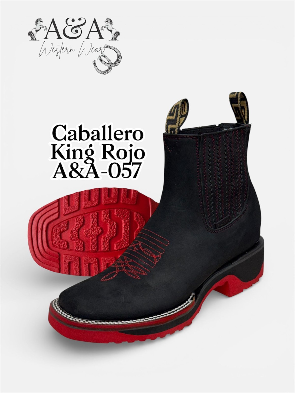 Genuine Leather Square Toe Rubber Red Sole Ankle Western Cowboy Boots – Black