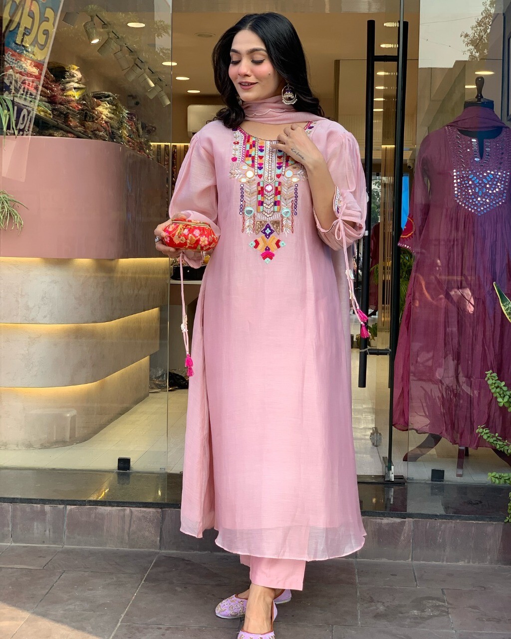 Indian Women Chanderi Silk Anarkali Kurta Pant Dupatta Set Kurti Salwar Kameez
