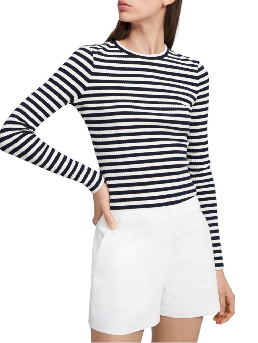 Theory Tiny Striped Ribbed Knit Long Sleeve Tee Black White Women’s Large