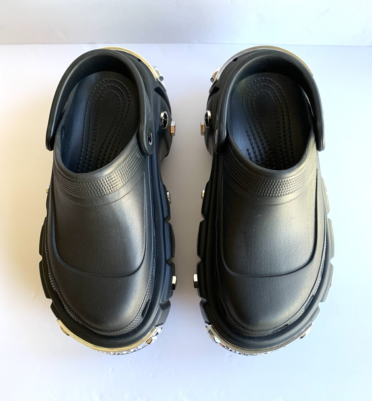 Balenciaga Crocs Black Hardcrocs Giant Platform Slides Silver Hardware W8 M6 NEW