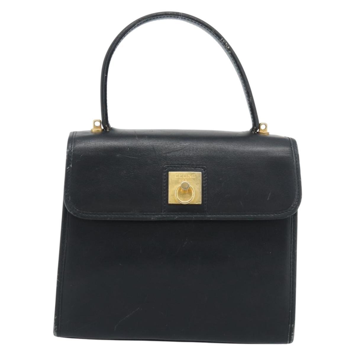 CELINE Hand Bag Leather Black Gold Auth 185125