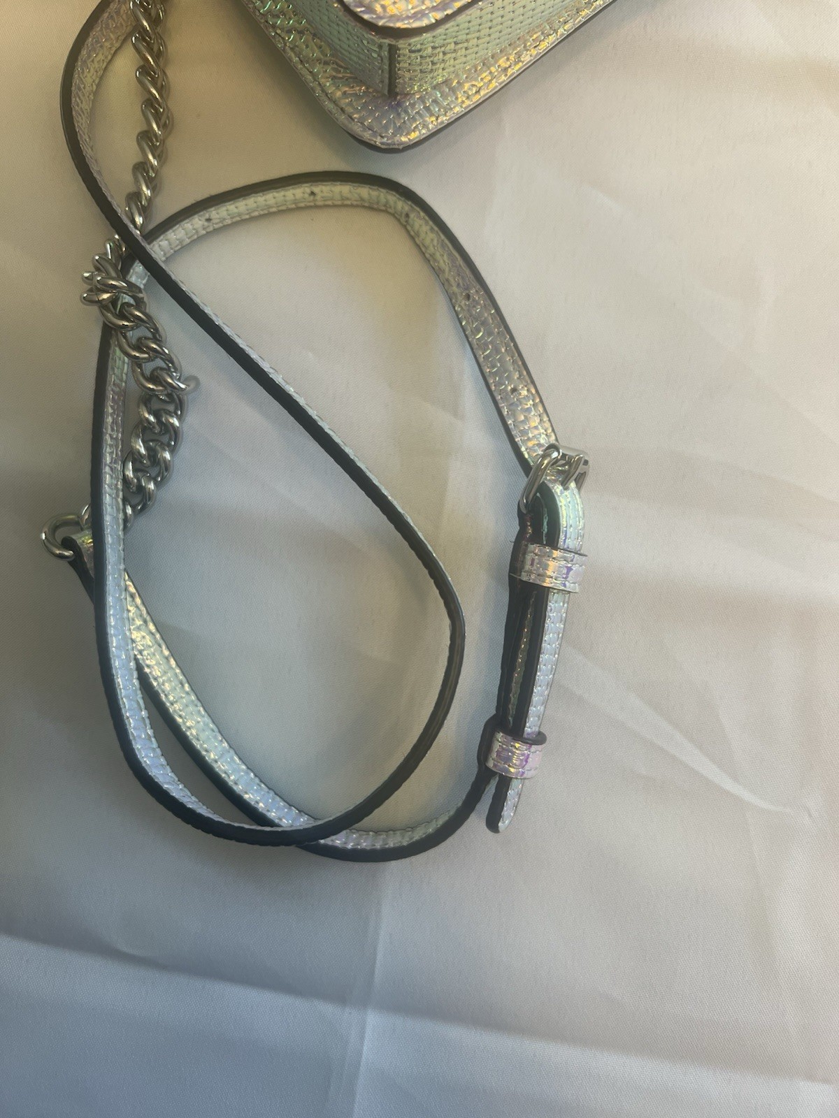 Rebecca Minkoff Iridescent Silver Crossbody Bag Turn Lock Chain Strap Detach