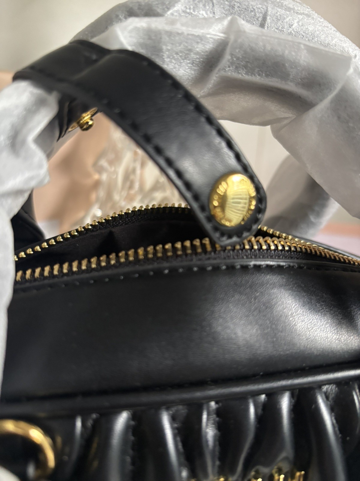 Miu Miu Black Quilted Mini Crossbody Top Handle Zip Bag, Gold HW, Charm