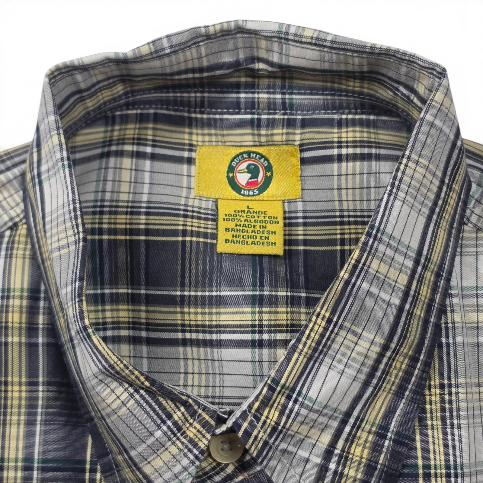 Duck Head 1865 Mens Large Plaid Button Down Shirt Short Sleeve 100% Cotton Gray