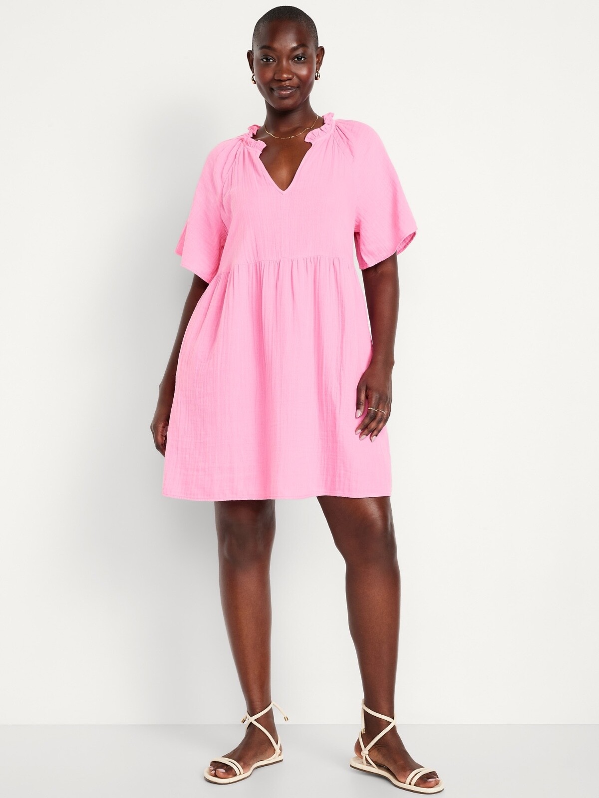 Old Navy Split-Neck Crinkle Gauze Mini Swing Dress Pink Many Sz NEW