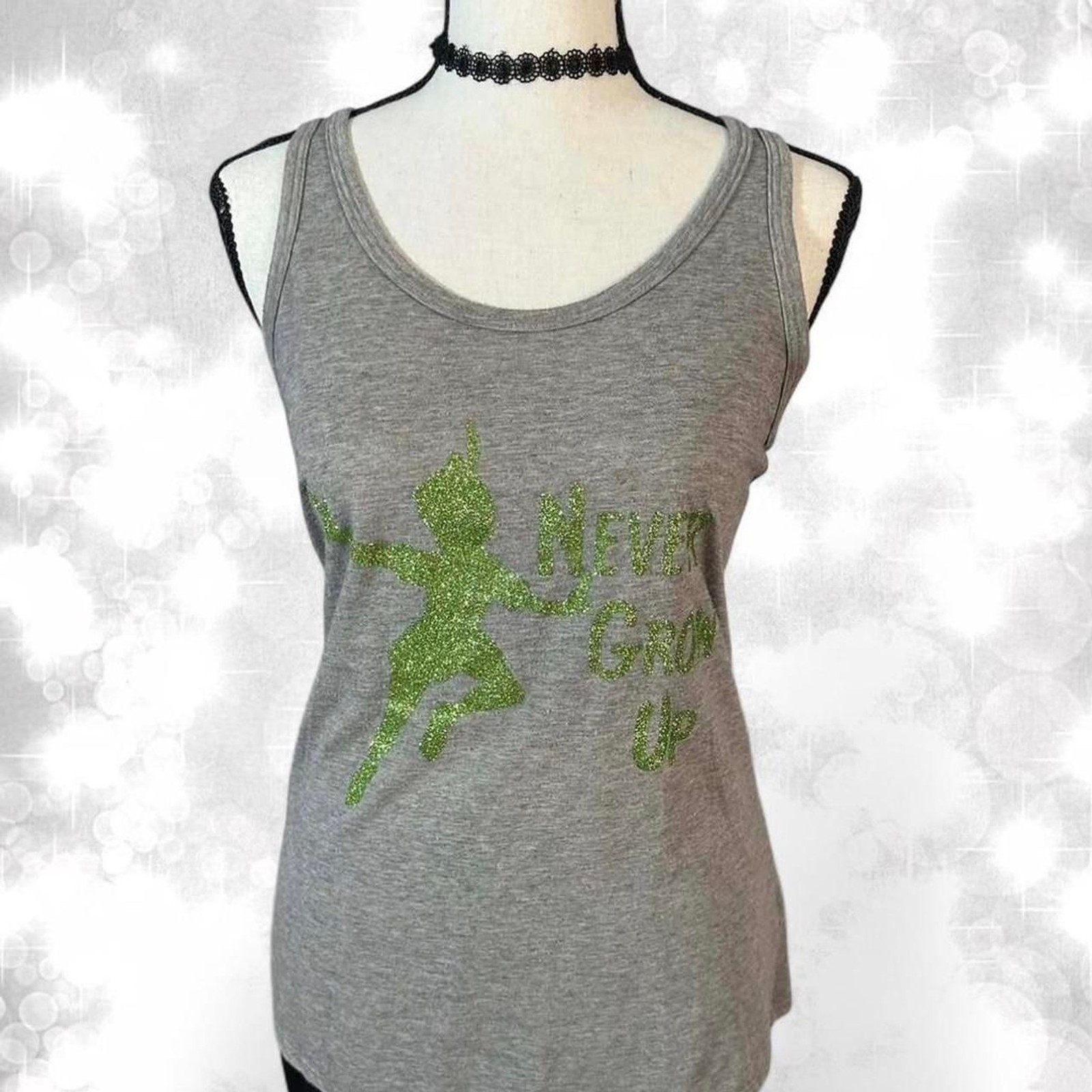 Disney glitter green Peter Pan graphic tank top. Fairycore, whimsical
