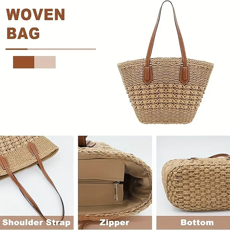 Women’s Hollow Straw Tote Bag Large Capacity Beach Travel Shopping Handbag