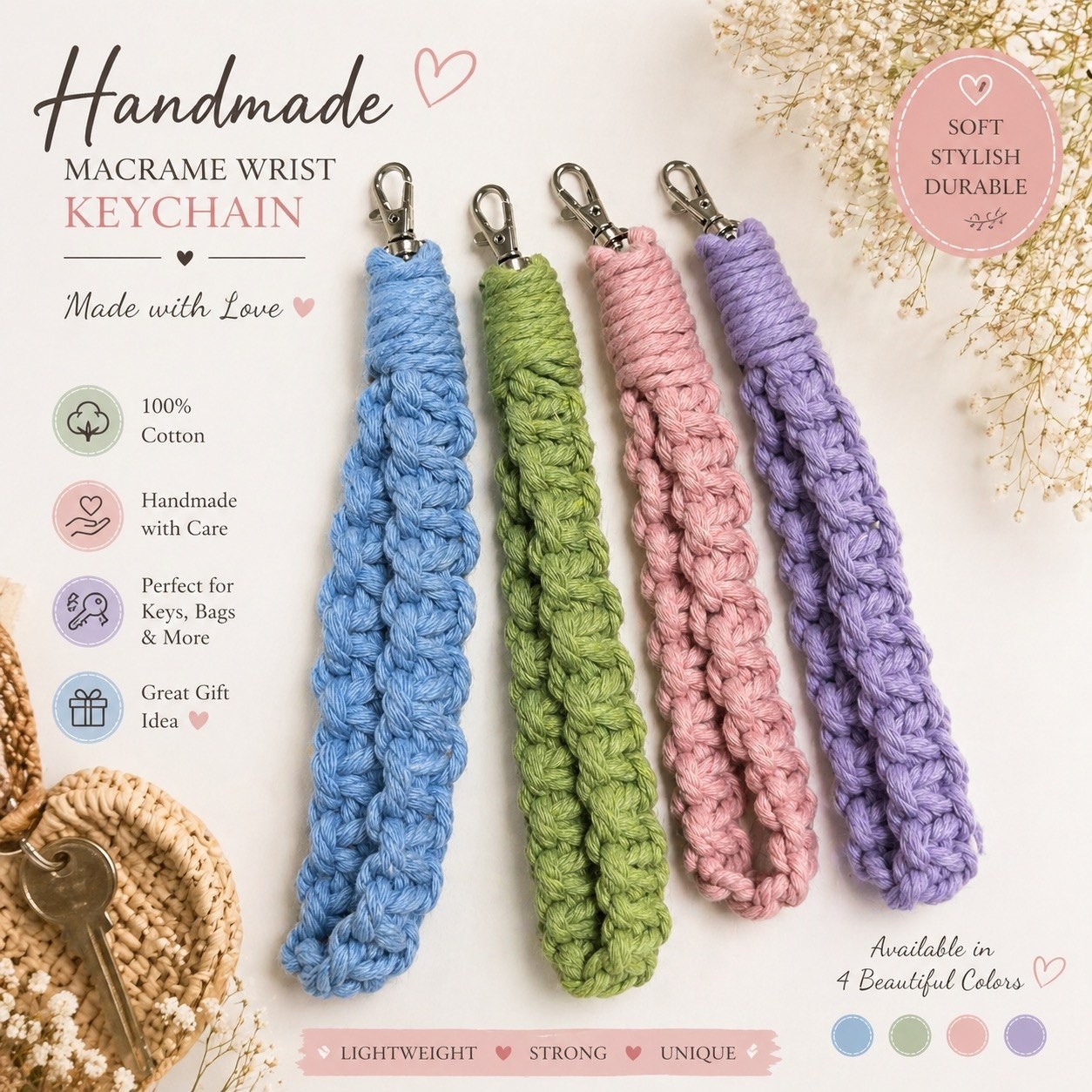 Handmade macrame wrist keychain cotton durable boho gift custom colors