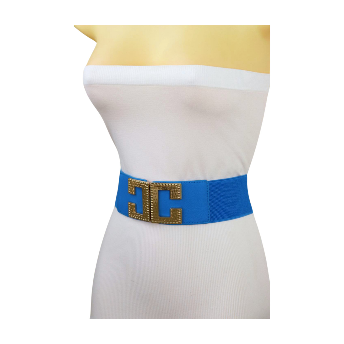 Women Blue Elastic Wide Fashion Belt Hip High Waist Gold Metal C Buckle Size S M