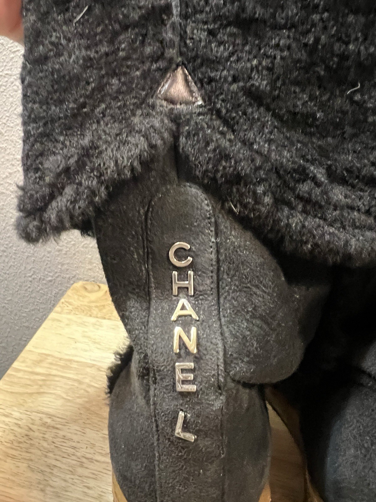 Chanel Boots 40 Wedge Knee High Suede Sherpa Fur Lined Biker Moto Spellout Logos