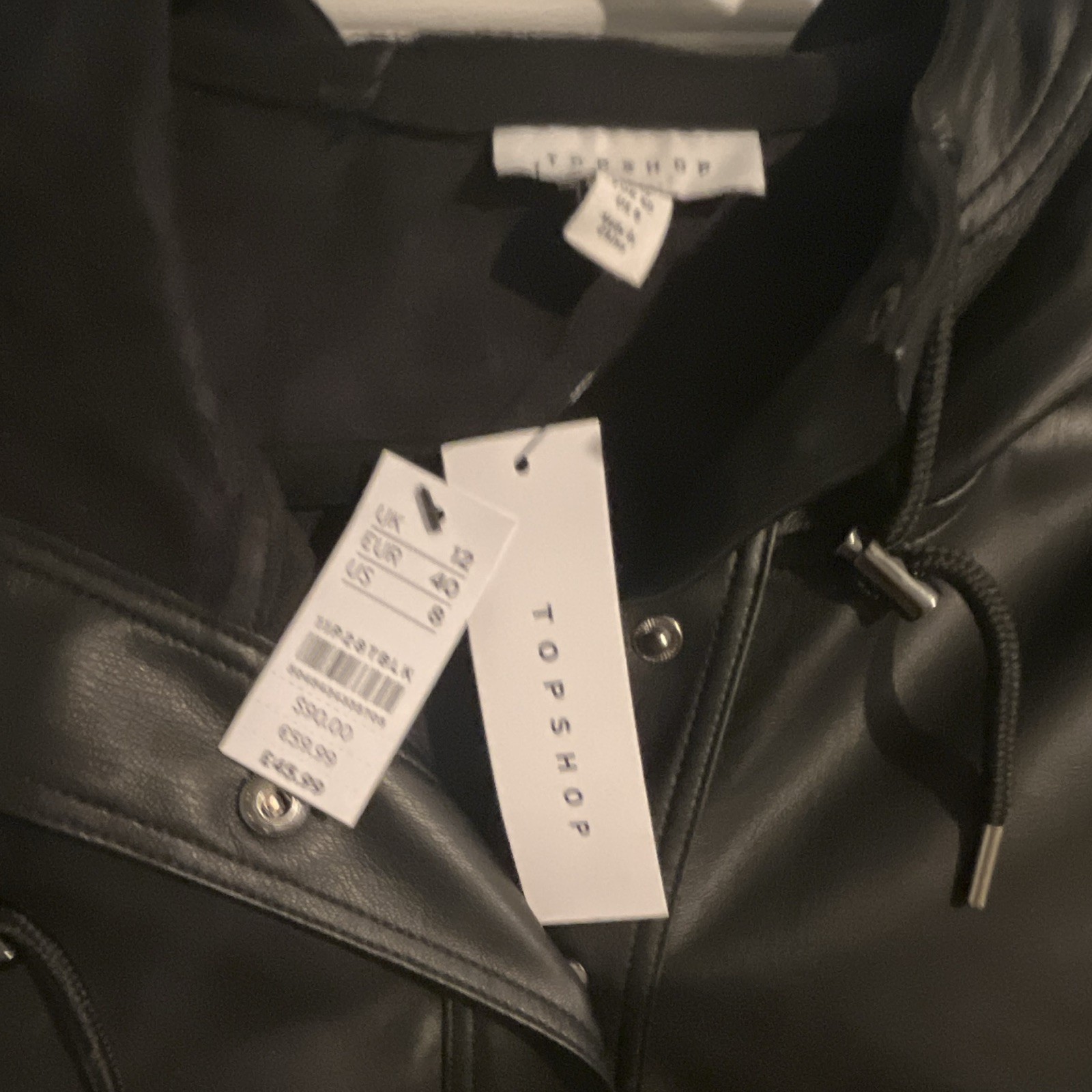 Topshop Women’s Black Hooded Anorak Jacket Zip Drawstring Size 12 NEW
